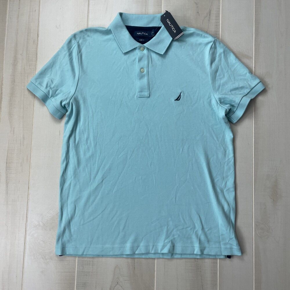 Nautica Polo Shirt Men's Medium Blue Solid Slim Fit Knit Logo Harbormist New